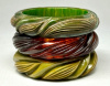 BB463 green & rootbeer leaf carved bakelite bangles